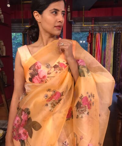 Peach Printed Organza Silk Saree