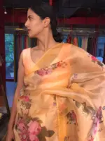 Peach Printed Organza Silk Saree - Image 2