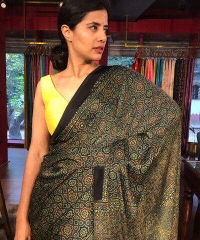 Green Modal Silk Saree with Ajrakh Hand Block Prints