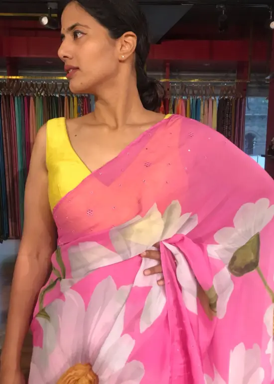 Pink Printed Chiffon Saree