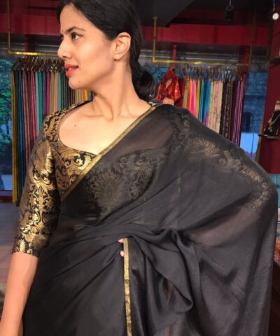 Black Chiffon Silk Saree with Gold Zari Piping