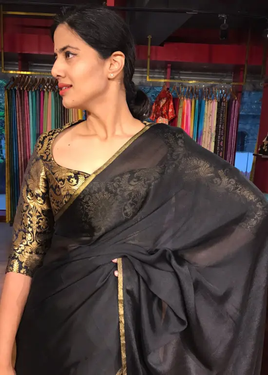 Black Chiffon Silk Saree with Gold Zari Piping