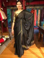 Black Chiffon Silk Saree with Gold Zari Piping - Image 2