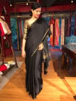 Black Chiffon Silk Saree with Gold Zari Piping - Image 4
