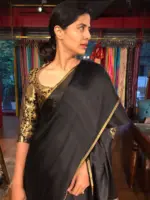 Black Chiffon Silk Saree with Gold Zari Piping - Image 5
