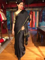 Black Chiffon Silk Saree with Gold Zari Piping - Image 6