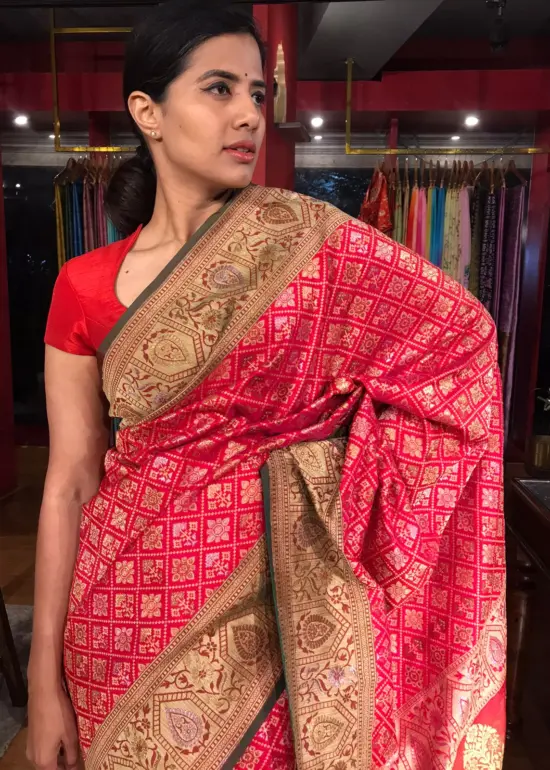 Red Banarasi Silk Saree with Meenakari Weaves