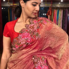 Pink Crushed Tissue Silk Saree with Cutwork Embroidery