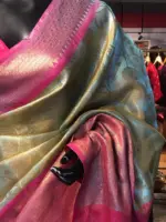 Blue Tissue Silk Saree with contrast border - Image 3