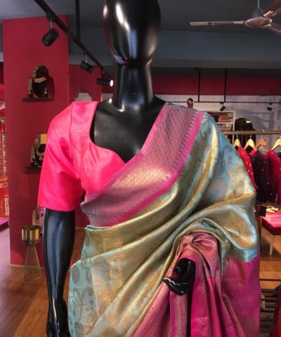 Blue Tissue Silk Saree with contrast border