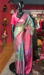 Blue Tissue Silk Saree with contrast border - Image 5