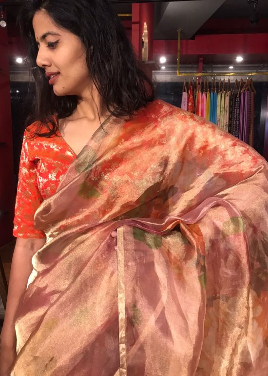 Old Rose Printed Tissue Silk Saree
