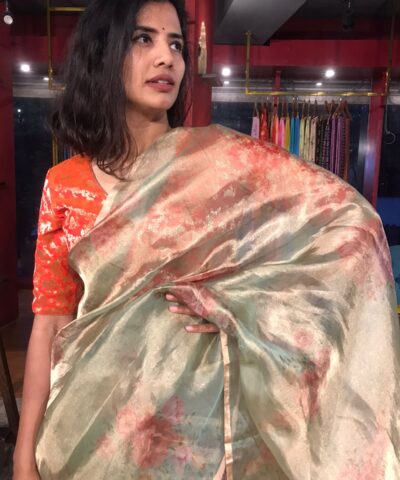 Sea Green Printed Tissue Silk Saree