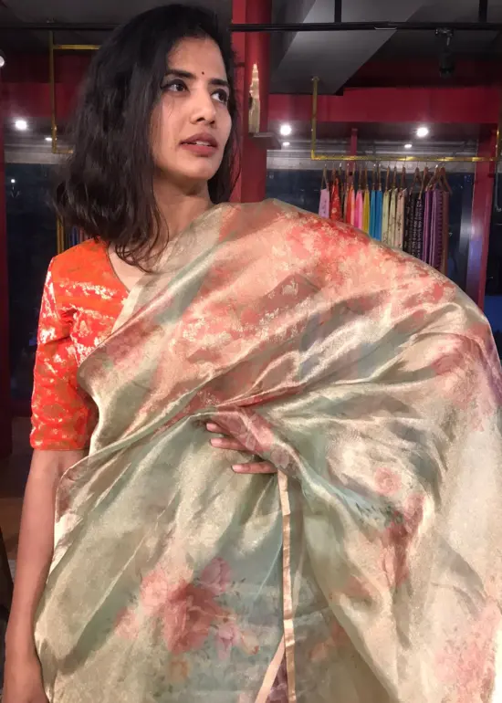 Sea Green Printed Tissue Silk Saree