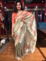 Sea Green Printed Tissue Silk Saree - Image 6