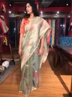 Sea Green Printed Tissue Silk Saree - Image 5