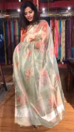 Sea Green Printed Tissue Silk Saree - Image 7