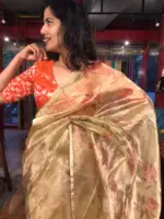 Yellow Printed Tissue Silk Saree