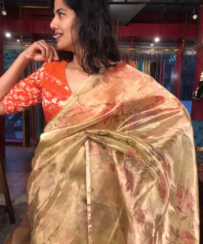 Yellow Printed Tissue Silk Saree