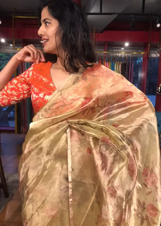 Yellow Printed Tissue Silk Saree