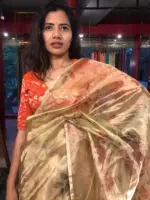 Yellow Printed Tissue Silk Saree - Image 3