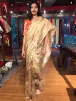 Yellow Printed Tissue Silk Saree - Image 5