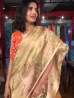 Yellow Printed Tissue Silk Saree - Image 6