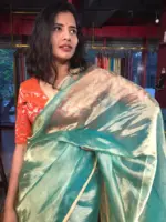 Turquoise Tissue Silk Saree with Gold Zari Piping