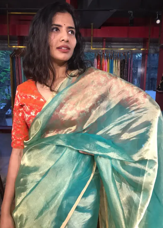 Turquoise Tissue Silk Saree with Gold Zari Piping