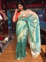 Turquoise Tissue Silk Saree with Gold Zari Piping - Image 2