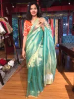 Turquoise Tissue Silk Saree with Gold Zari Piping - Image 3