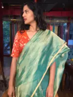 Turquoise Tissue Silk Saree with Gold Zari Piping - Image 4
