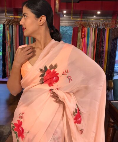 Peach Handpainted Organza Saree