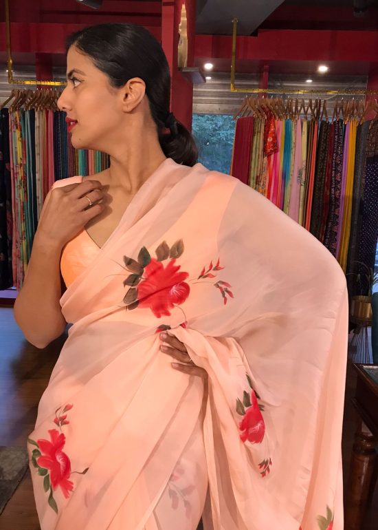 Peach Handpainted Organza Saree