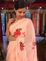 Peach Handpainted Organza Saree - Image 4