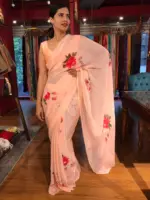 Peach Handpainted Organza Saree - Image 6