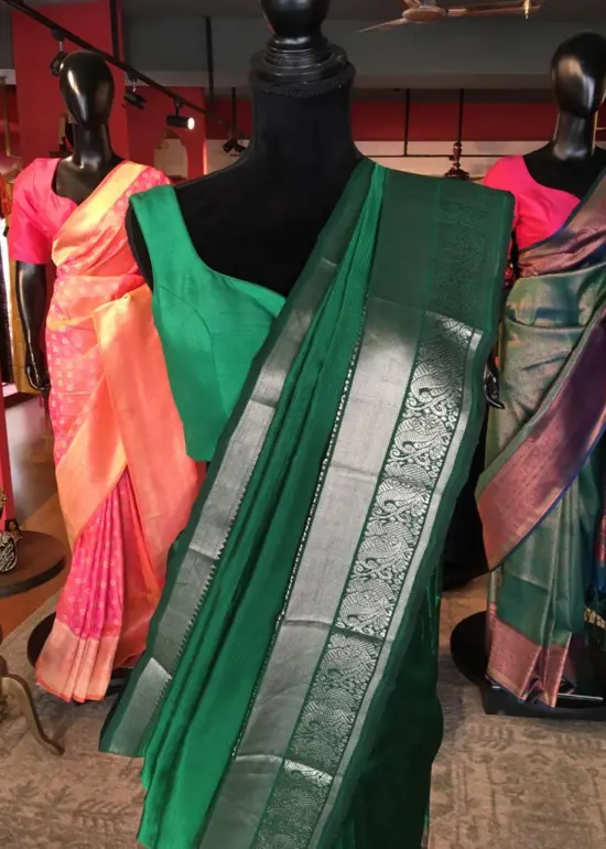 Bottle Green Mangalagiri Silk Saree with Kanchi Silk Border