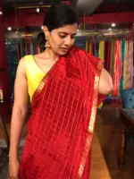 Dark Red Chequered Chiffon Saree - Image 4