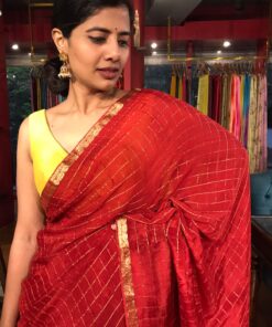 Dark Red Chequered Chiffon Saree