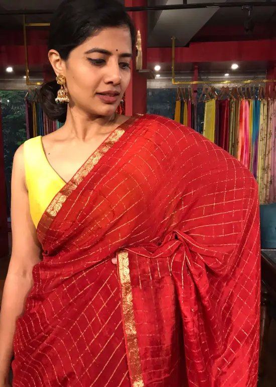 Dark Red Chequered Chiffon Saree