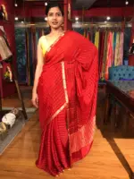 Dark Red Chequered Chiffon Saree - Image 2