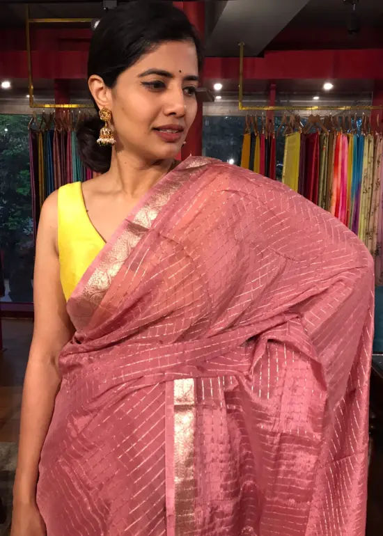 Dusty Pink Chequered Chiffon Saree