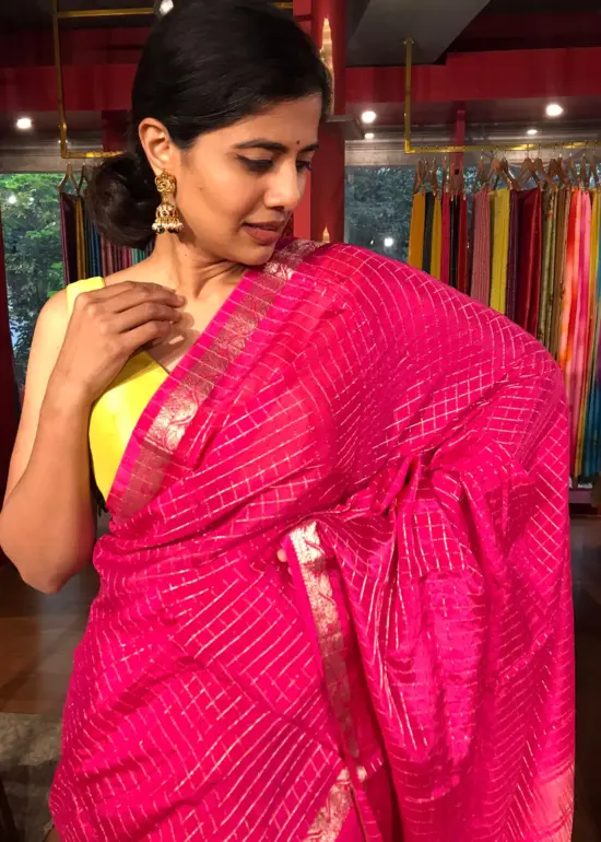Rani Pink Chequered Chiffon Saree