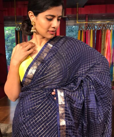 Navy Blue Chequered Chiffon Saree
