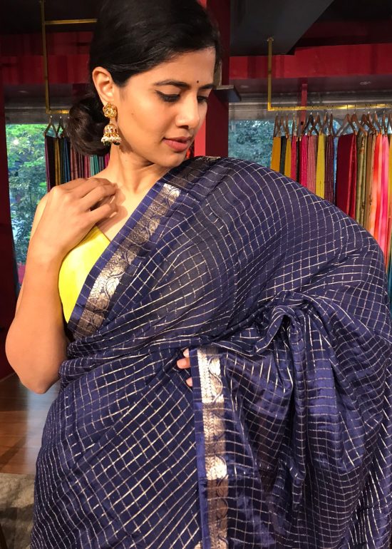 Navy Blue Chequered Chiffon Saree