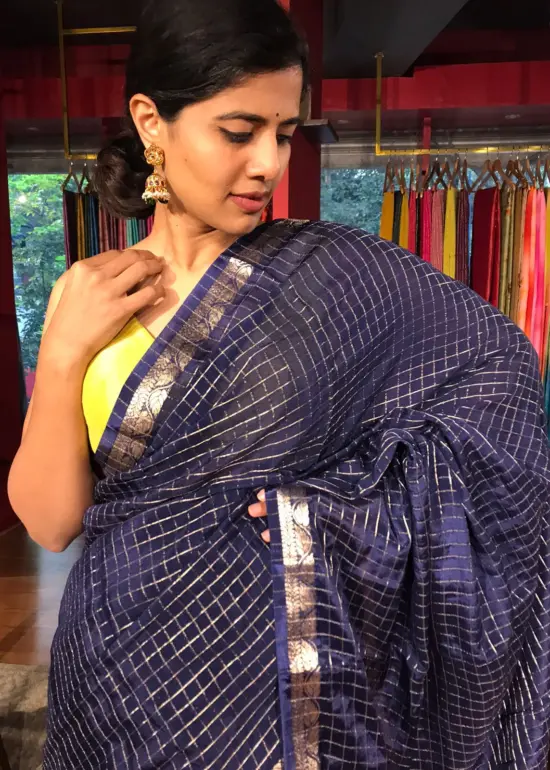 Navy Blue Chequered Chiffon Saree