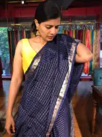 Navy Blue Chequered Chiffon Saree - Image 4
