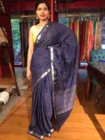 Navy Blue Chequered Chiffon Saree - Image 3