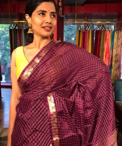 Wine Chequered Chiffon Saree