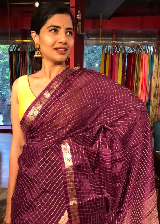 Wine Chequered Chiffon Saree